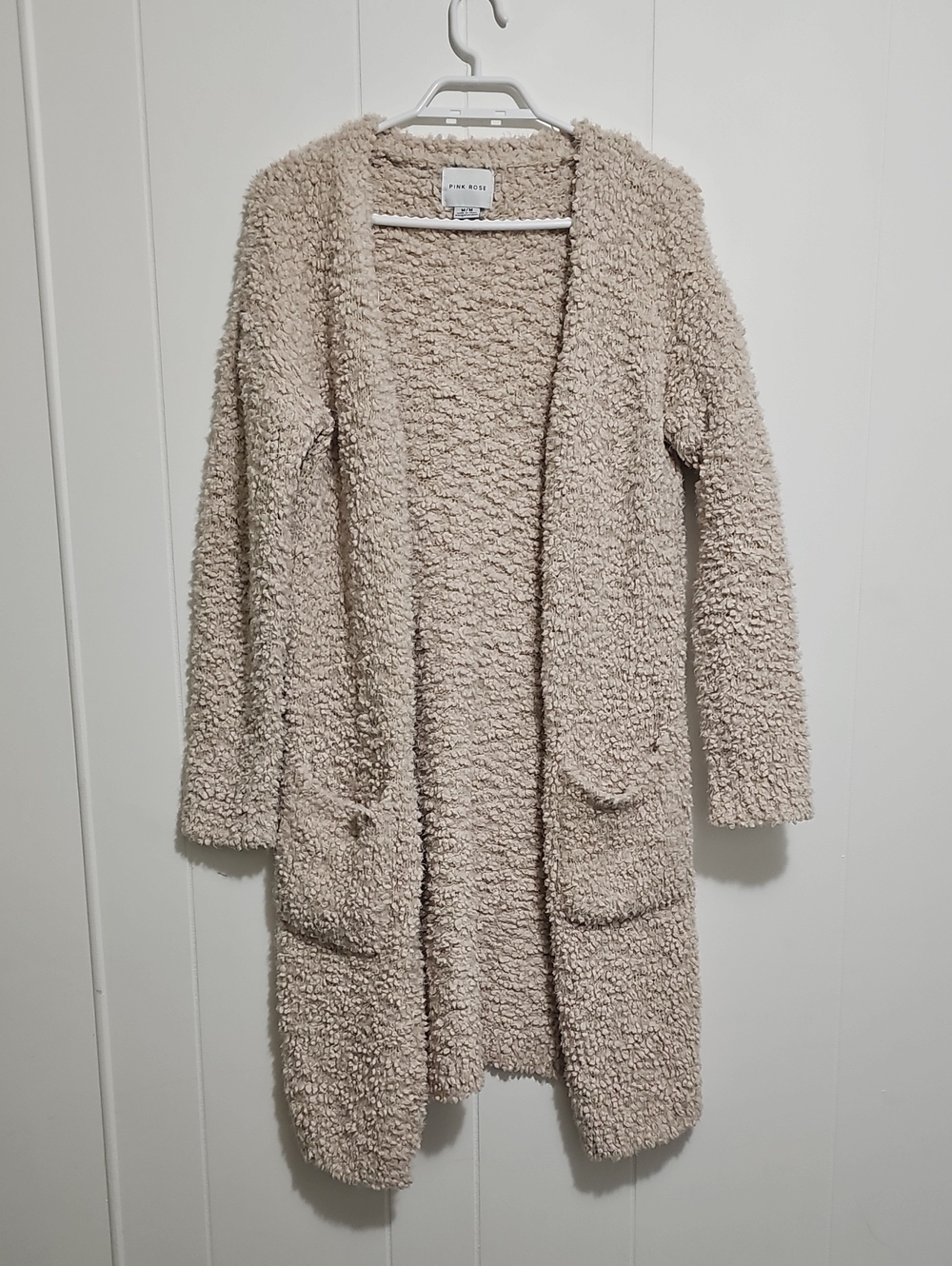 Pink Rose Cream Plush Open-Front Long Cardigan